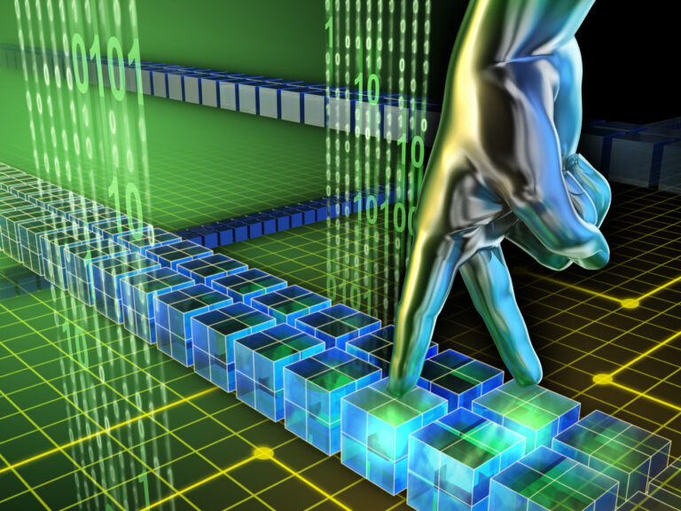 Hand walks on a cyber path using its fingers. Digital illustration.