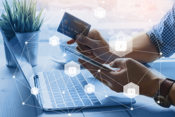 Credit card data security unlock payment shopping online on smartphone